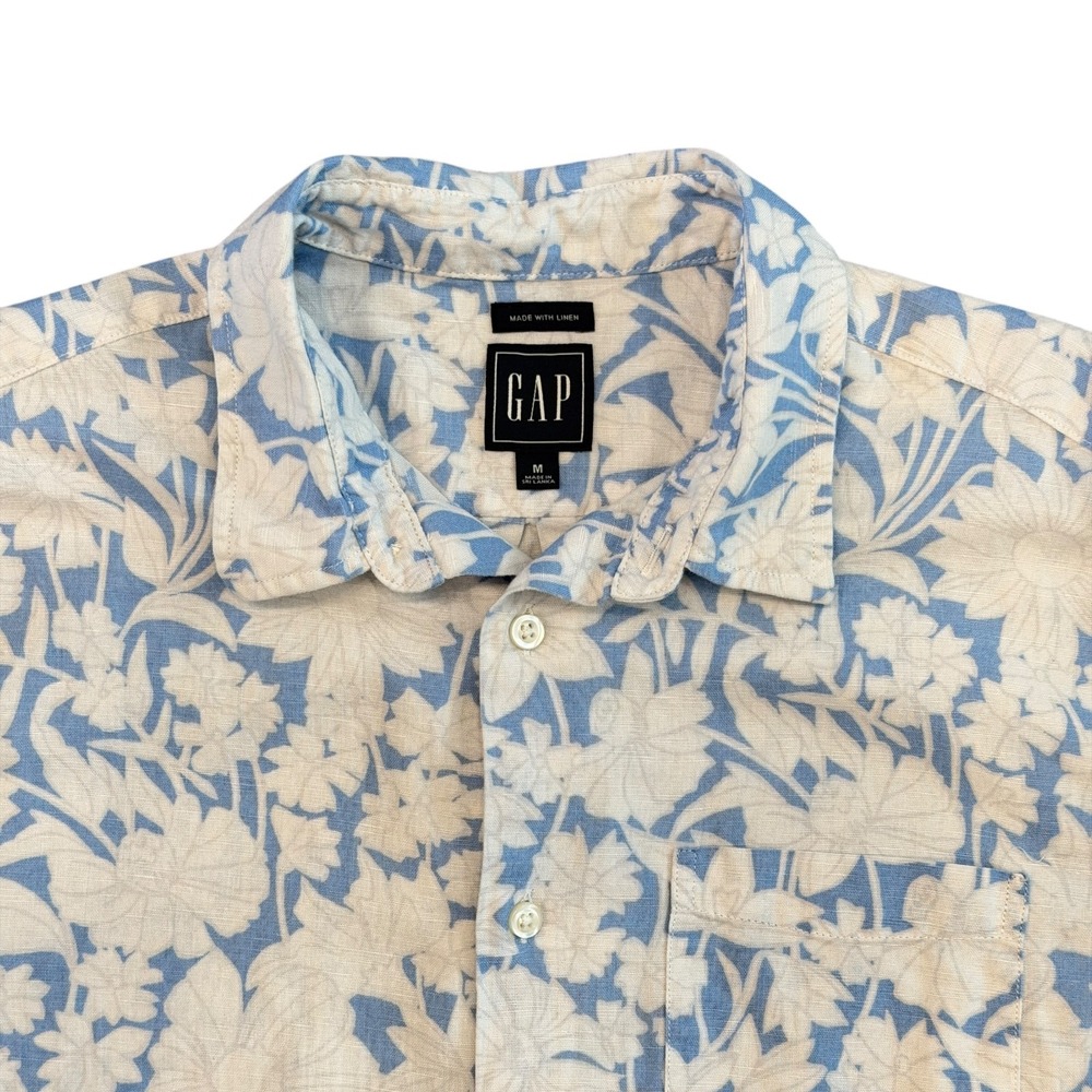 GAP Hawaiian Camp Shirt Mens Med Blue Linen Cotton Short Sleeve Beach Vacation - Picture 3 of 5